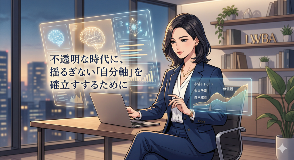 オフィスでAIツールを駆使して世界情勢と市場トレンドを分析するビジネス女性のイラスト