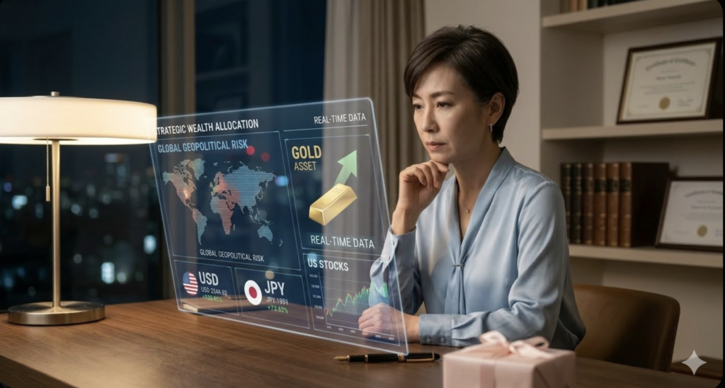 地政学リスクと資産配分のデータを分析する女性リーダー。金（ゴールド）や外貨への分散投資による富の最適化。情報感度を高めて資産を守り増やす戦略。