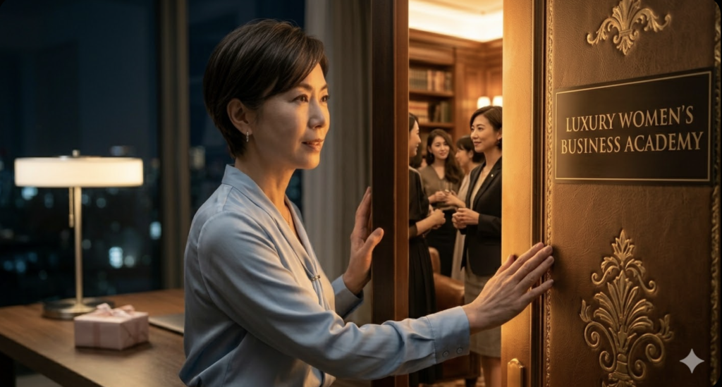Luxury Women's Business Academy（LWBA）の扉を開く自立した女性。世界情勢の裏側と本質を学び、豊かさが循環するコミュニティへ参加するシーン。