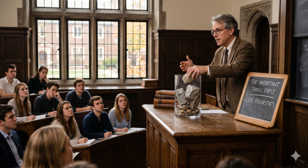 大学教授が壺に大きな石を詰め、その後砂利、砂、水を流し込むイラスト—人生の優先順位を学ぶ「壺と石の法則」