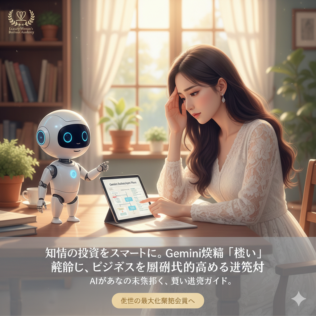 Geminiの課金方法に悩む女性とアドバイスするAIロボット