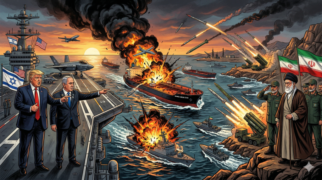 中東情勢の緊迫化を象徴するイメージ：ホルムズ海峡でのタンカー爆発、ミサイル攻撃、米空母とイスラエル・イラン両陣営の対立構造を表現したイラスト。