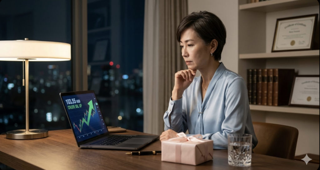 2026年3月14日ホワイトデーの夜、原油価格103.55ドル突破のチャートを分析する女性起業家。中東情勢によるインフレリスクと資産防衛の重要性を示す。