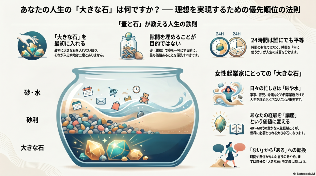 大学教授が壺に大きな石を詰め、その後砂利、砂、水を流し込むイラスト—人生の優先順位を学ぶ「壺と石の法則」
